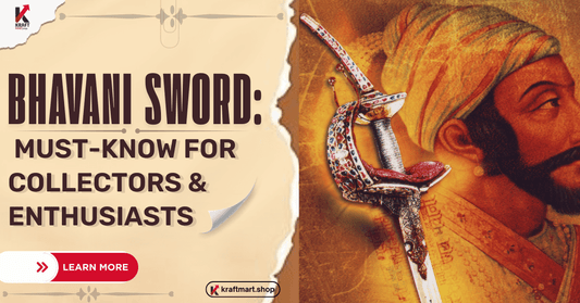 Handcrafted Bhavani Sword replica with Damascus steel blade and traditional Maratha hilt design, displayed against a rustic background – available at Kraftmart.shop