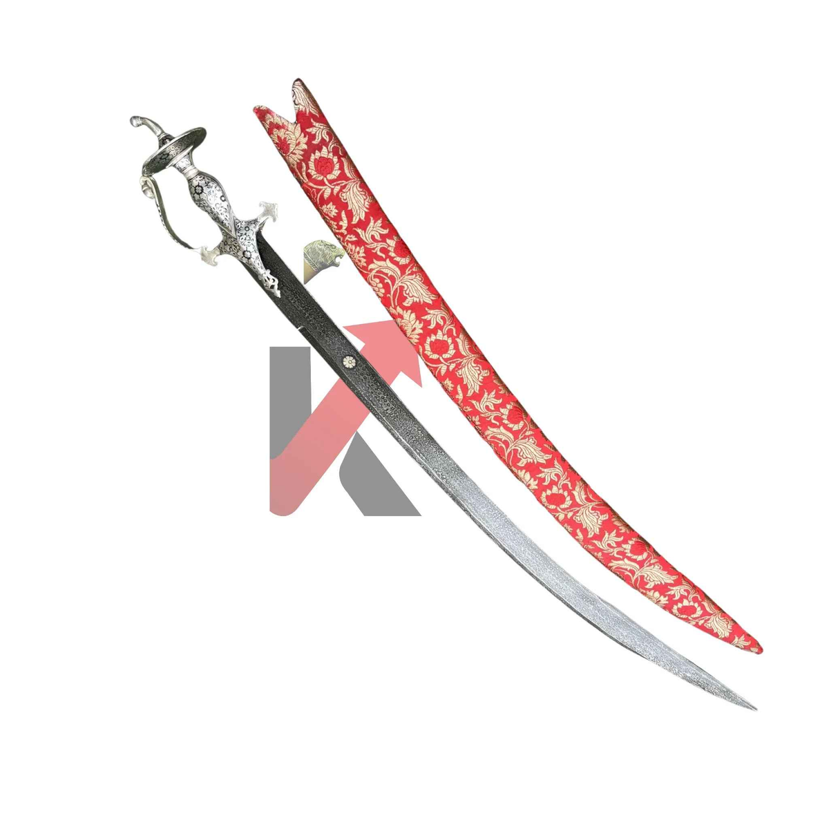 Exquisite Damascus Steel Tegh Sword - Handcrafted with Brocade Cloth Sheath