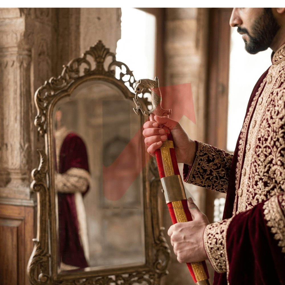 Wedding Groom Sword – Brass Horse Head Handle with Red Velvet Scabbard | 24 Inch