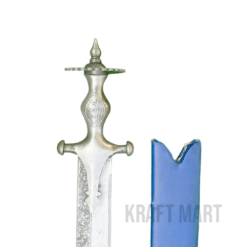 Handcrafted Punjabi Khanda sword with a 36-inch carbon steel blade, featuring traditional design and ornate details.