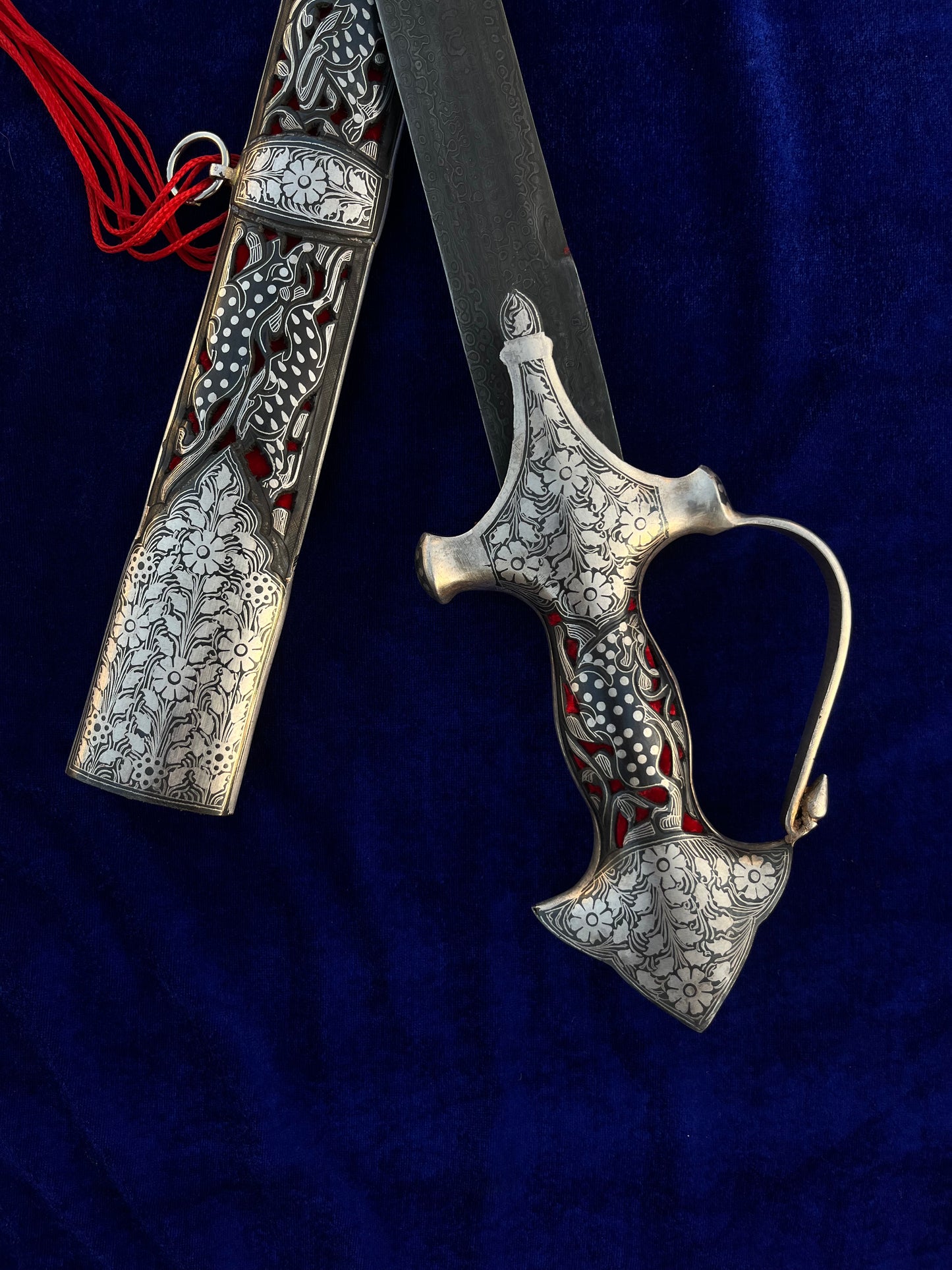 Close up view with blue velvet background.