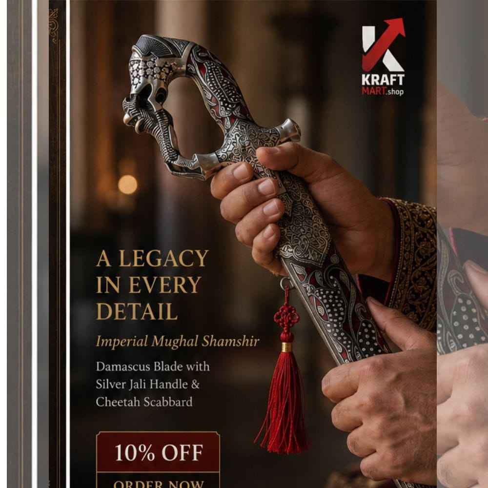 Imperial Mughal Shamshir — Handcrafted Damascus Steel Sword with Silver Jali Handle & Cheetah Scabbard