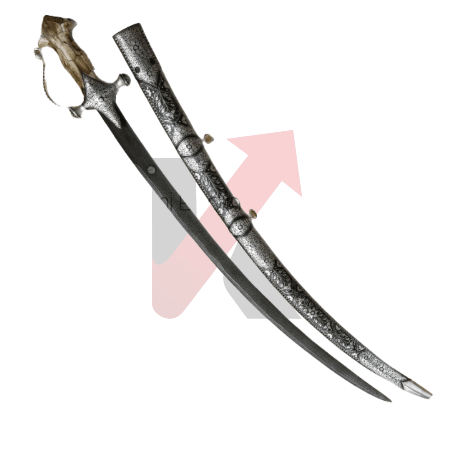 Kilij Sword | Damascus Steel Blade | Camel Bone Handle | Silver Calligraphy Sheath - KraftMart