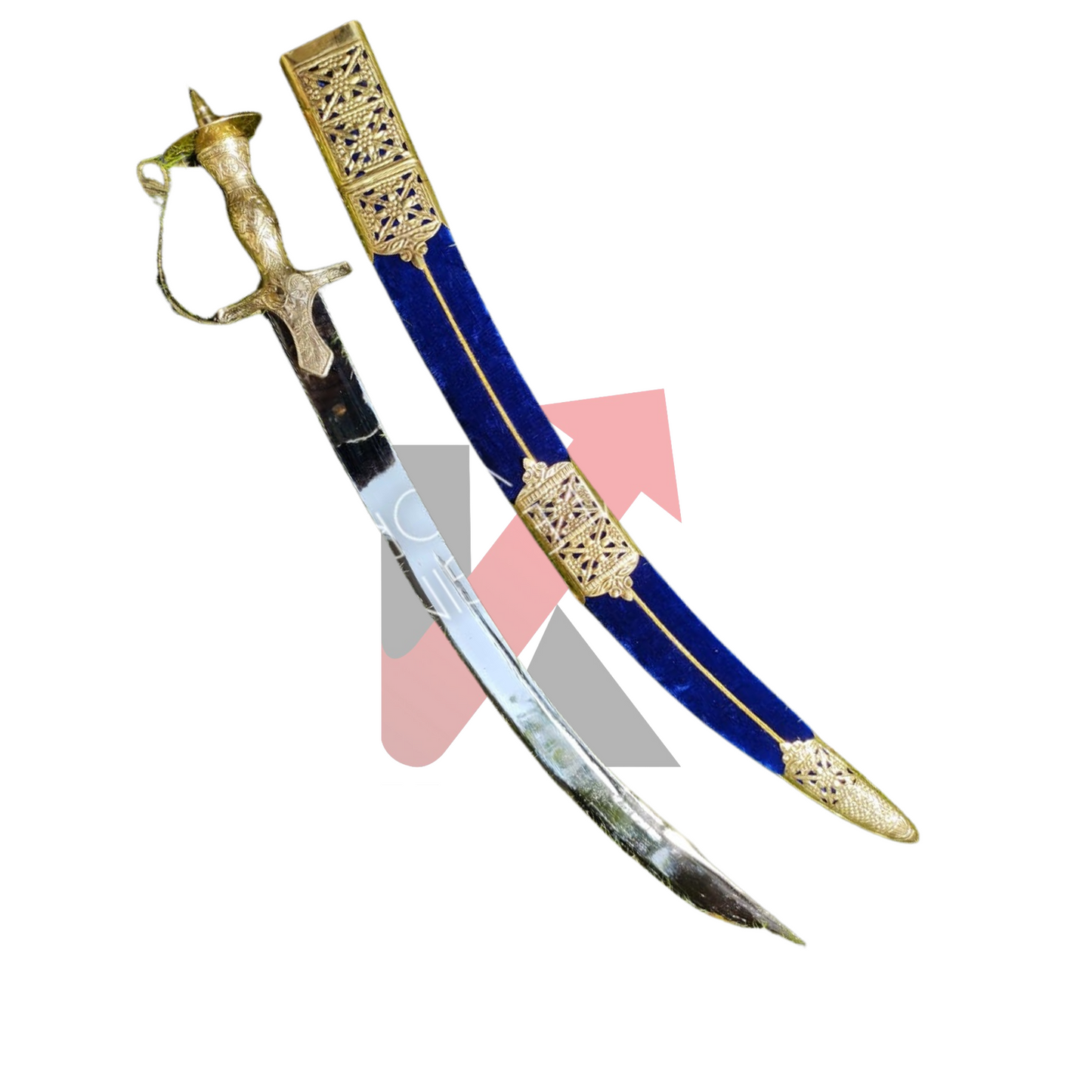 Handcrafted Groom Sword with Gold Engraving and Custom Design, with blue velvet color sheath