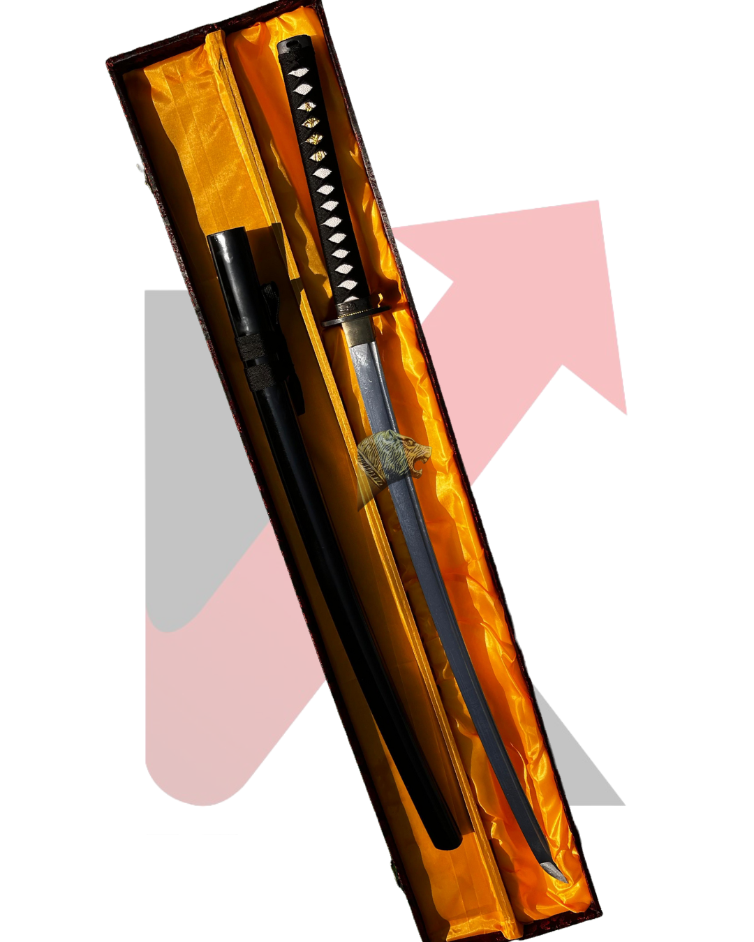 Close-up of katana blade and wooden handle finish