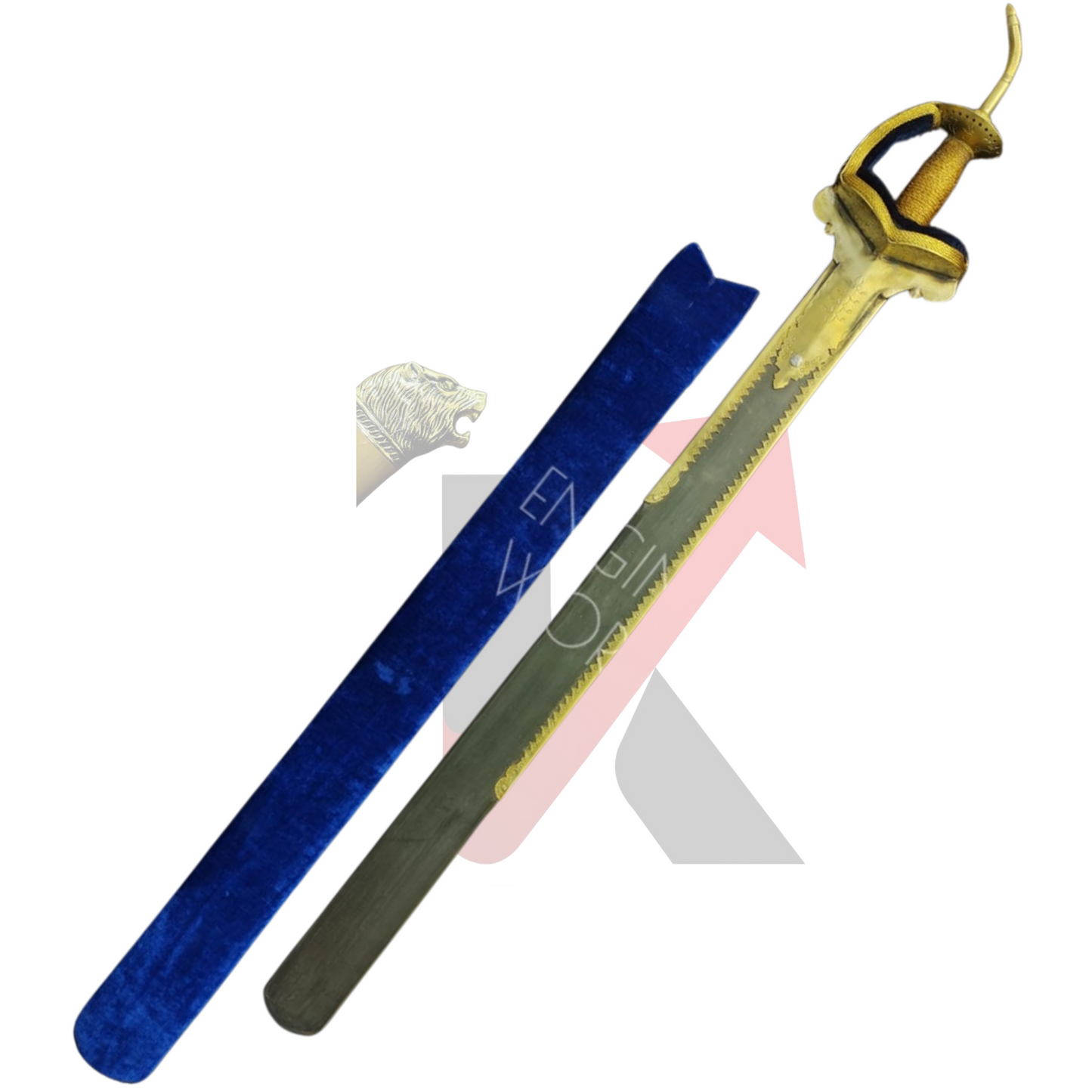 Full-length Khanda sword with sheath laid out on velvet background