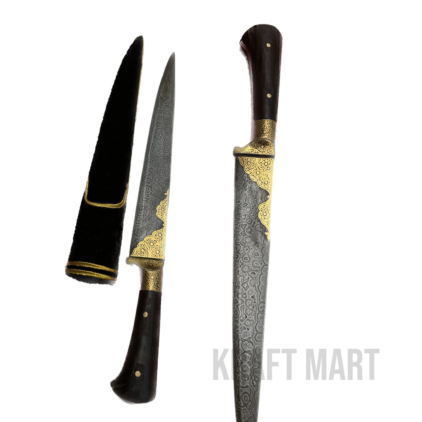 Gold Koftgiri vintage dagger with sheath, authentic Peshkabaz style, crafted by KraftMart, featuring intricate gold detailing.