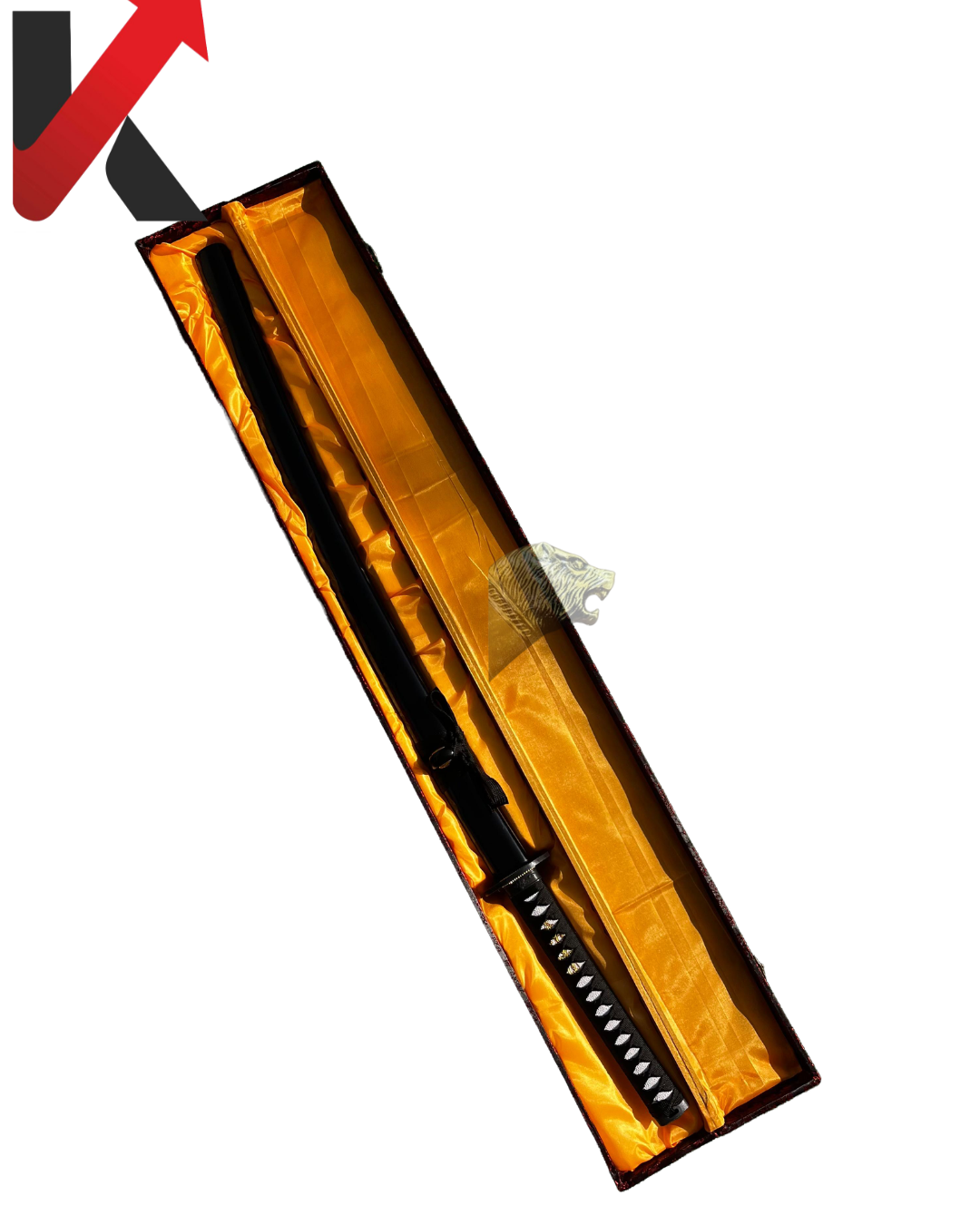 Black katana fully sheathed in a matching matte black scabbard, resting on a display rack inside a decorative presentation box