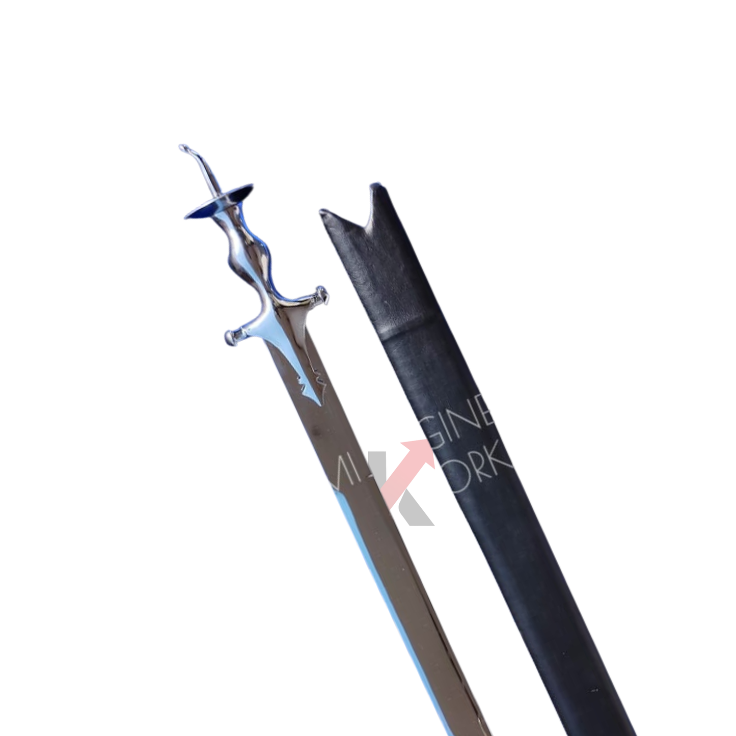 Close-up of Khanda Sword hilt with nickel and chrome finish