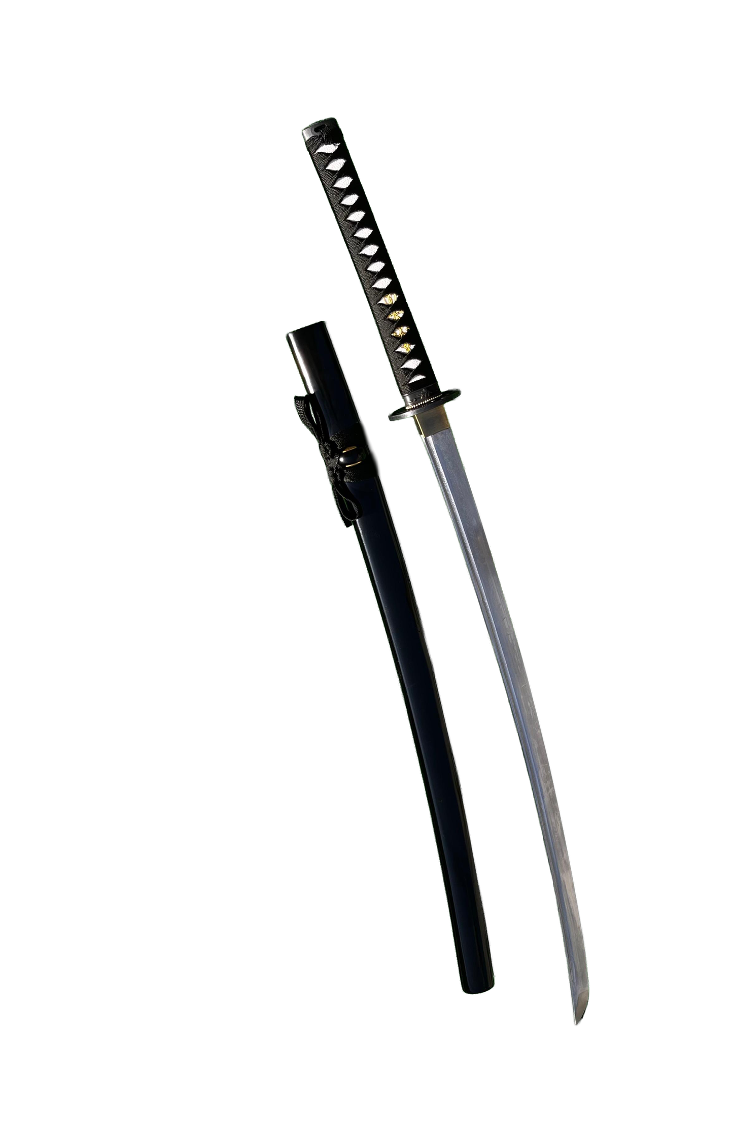 Handmade black katana with Carbon steel blade , showcasing full long blade and curved shape .