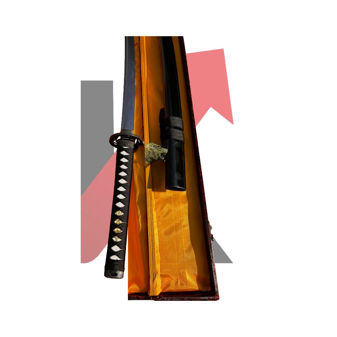 Close-up of katana blade and wooden handle finish