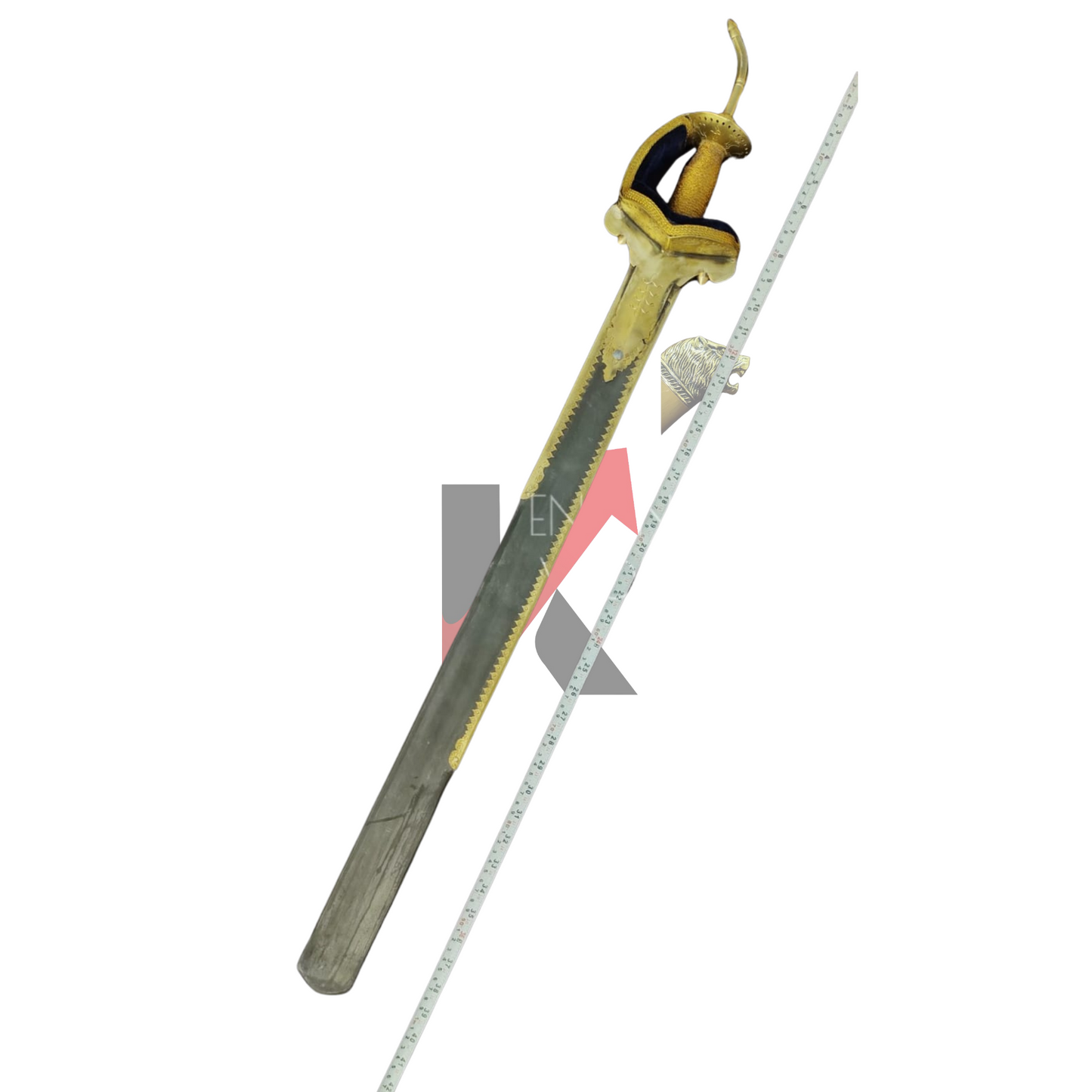 Punjabi Khanda sword displayed with its velvet blue scabbard
