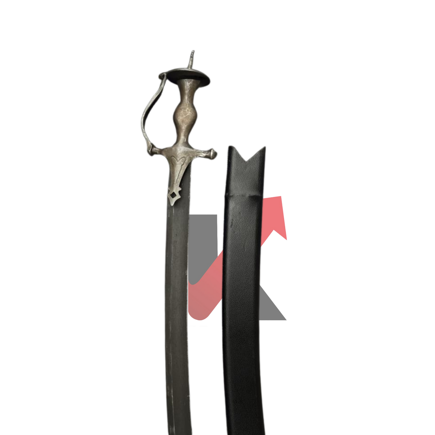 Full-length image of the Punjabi wedding sword in Sirohi style with sheath on display