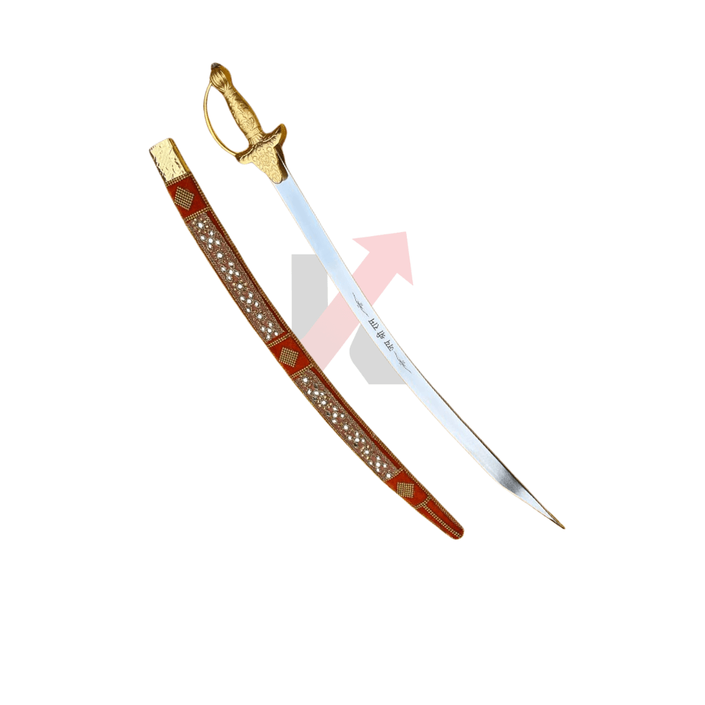 Decorative sword with gold hilt on a white background