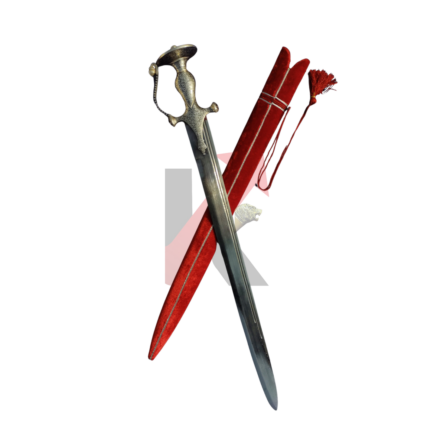 Royal-style groom sword featuring antique Silver grip and decorative red velvet sheath