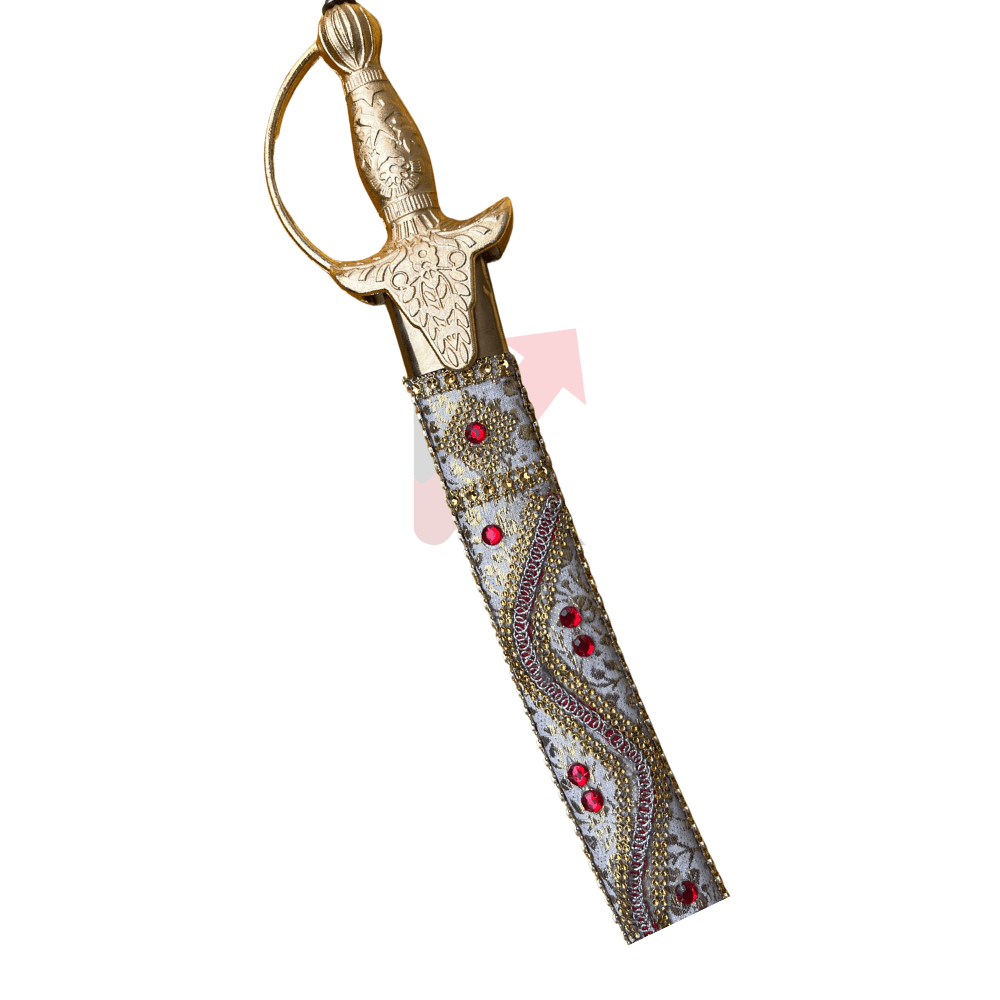 Groom sword with ornate red velvet sheath for traditional wedding ceremony