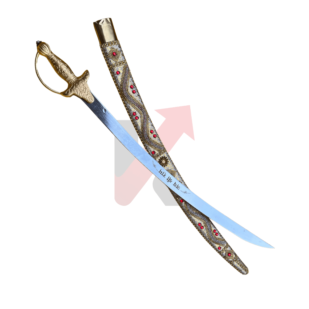 Decorative sword with ornate hilt and sheath on a white background