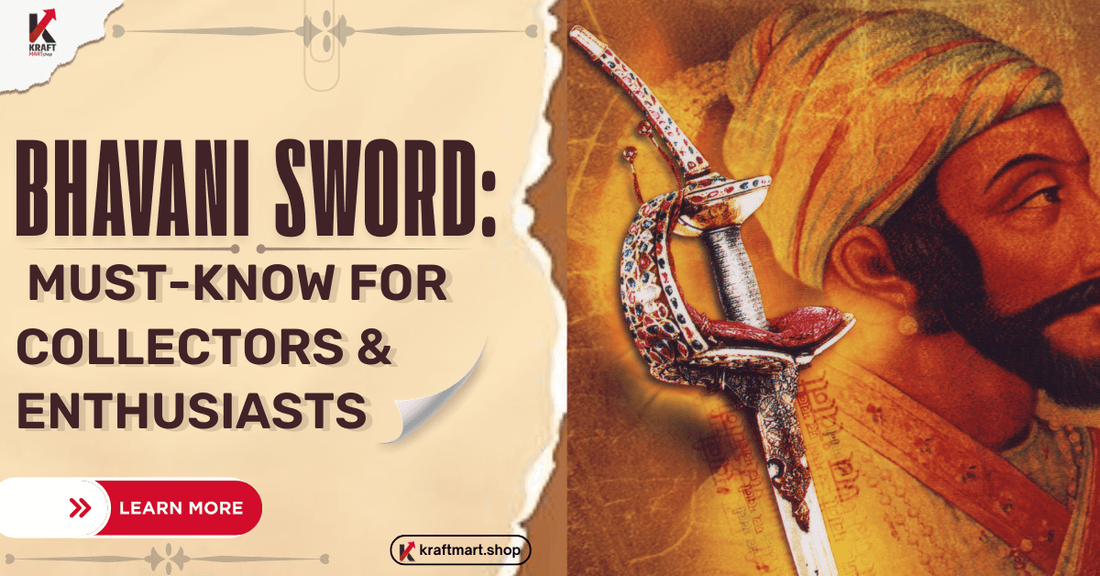 Handcrafted Bhavani Sword replica with Damascus steel blade and traditional Maratha hilt design, displayed against a rustic background – available at Kraftmart.shop