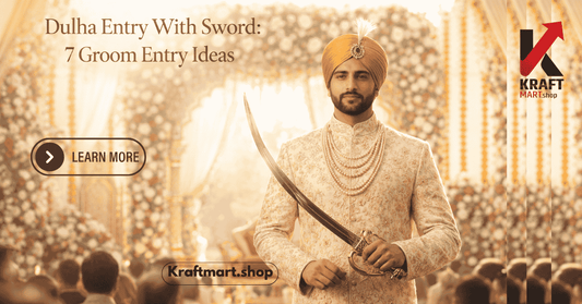 dulha entry with sword Indian groom ivory sherwani brass hilt talwar sword for wedding baraat procession