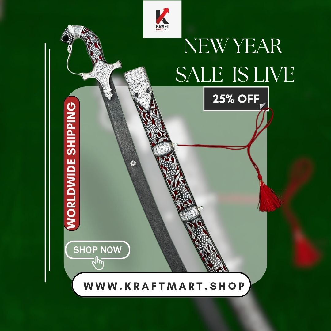 Decorative sword with ornate handle on a green background with promotional text and branding.