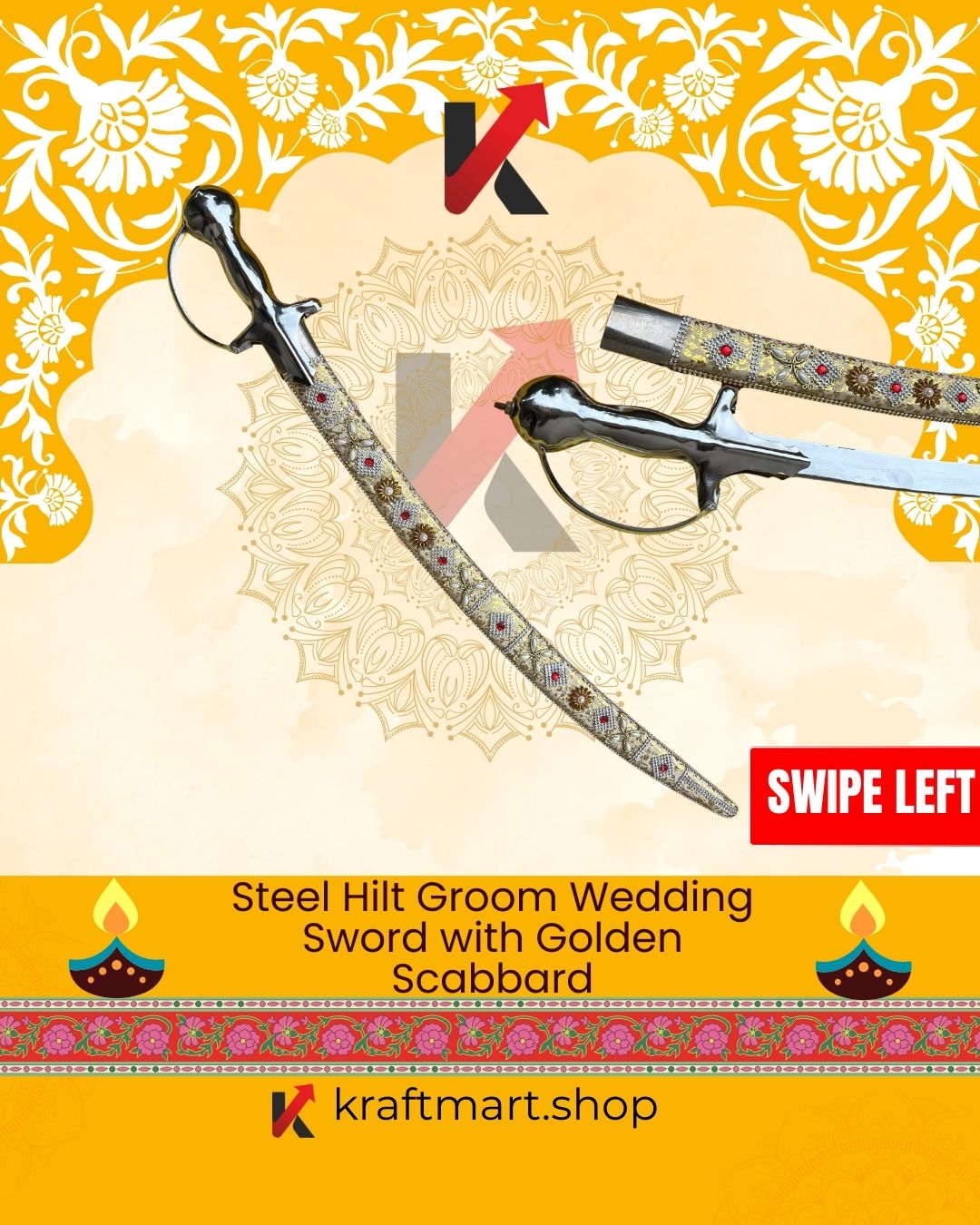 Steel Hilt Groom Wedding Sword with Golden Scabbard – 36 Inch | Home Delivery ₹1299