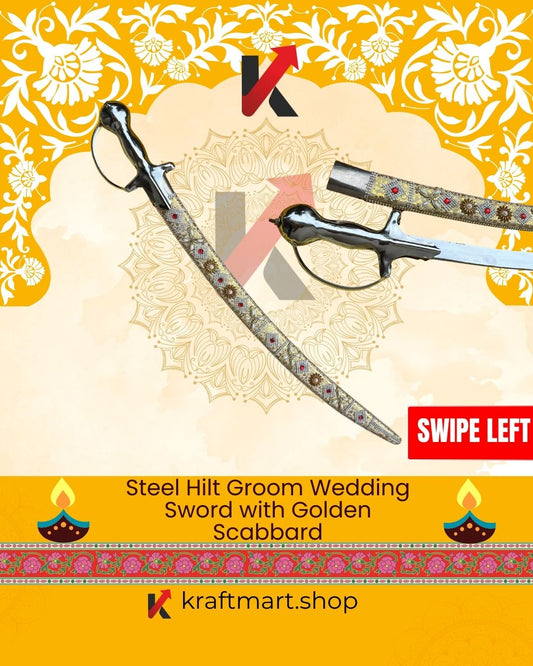 Steel Hilt Groom Wedding Sword with Golden Scabbard – 36 Inch | Home Delivery ₹1299