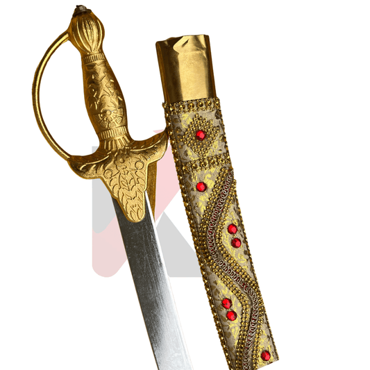 34 inch groom wedding sword with gold-finish hilt and red velvet sheath