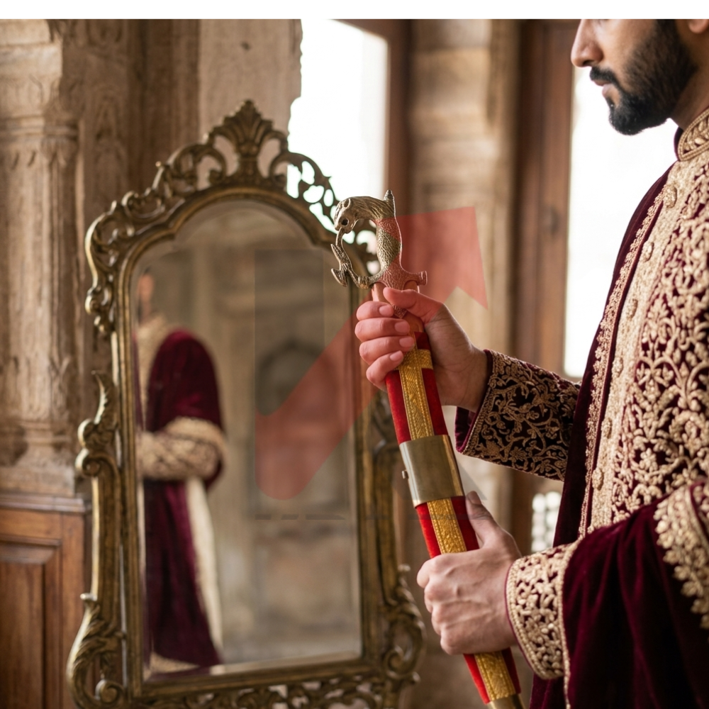 Wedding Groom Sword – Brass Horse Head Handle with Red Velvet Scabbard | 24 Inch