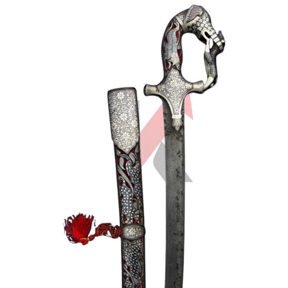

Imperial Mughal Shamshir — Luxury Arabian Scimitar | Damascus Blade, Hand-Chiselled Silver Scabbard with kraftmart .shop watermark 
