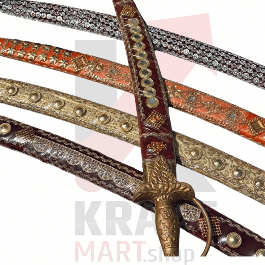 Close-up of the gold coloured aluminium hilt with Jai Shree Ram engraving

