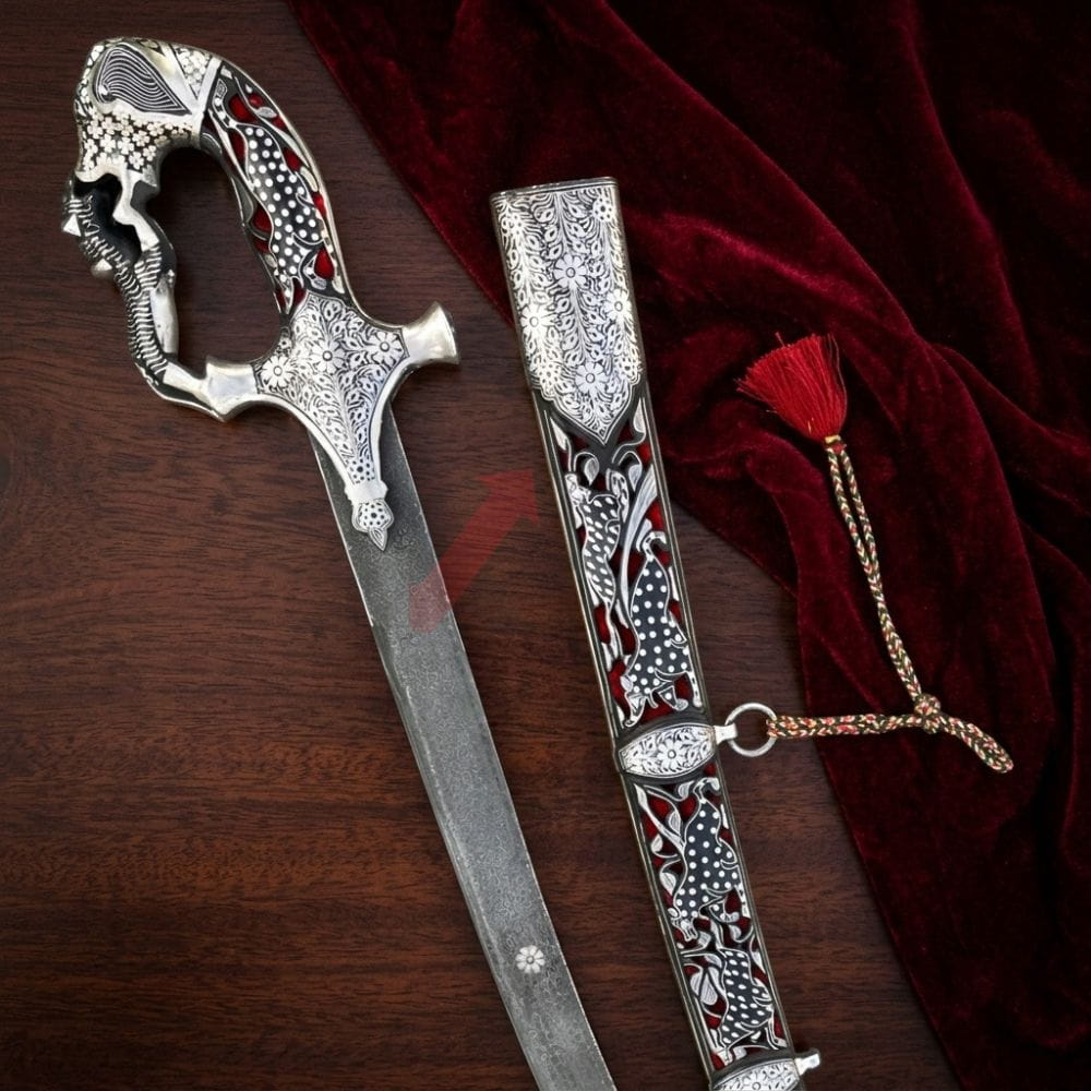 Imperial Mughal Shamshir — Handcrafted Damascus Steel Sword with Silver Jali Handle & Cheetah Scabbard