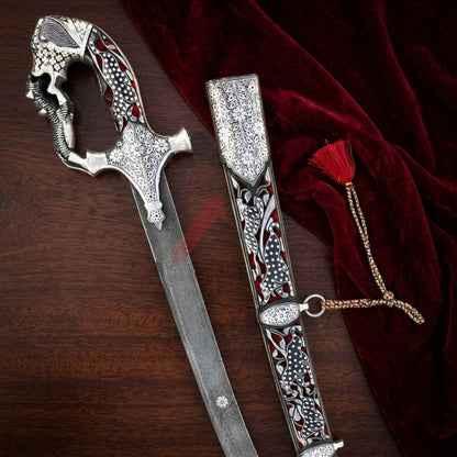 Imperial Mughal Shamshir — Handcrafted Damascus Steel Sword with Silver Jali Handle & Cheetah Scabbard