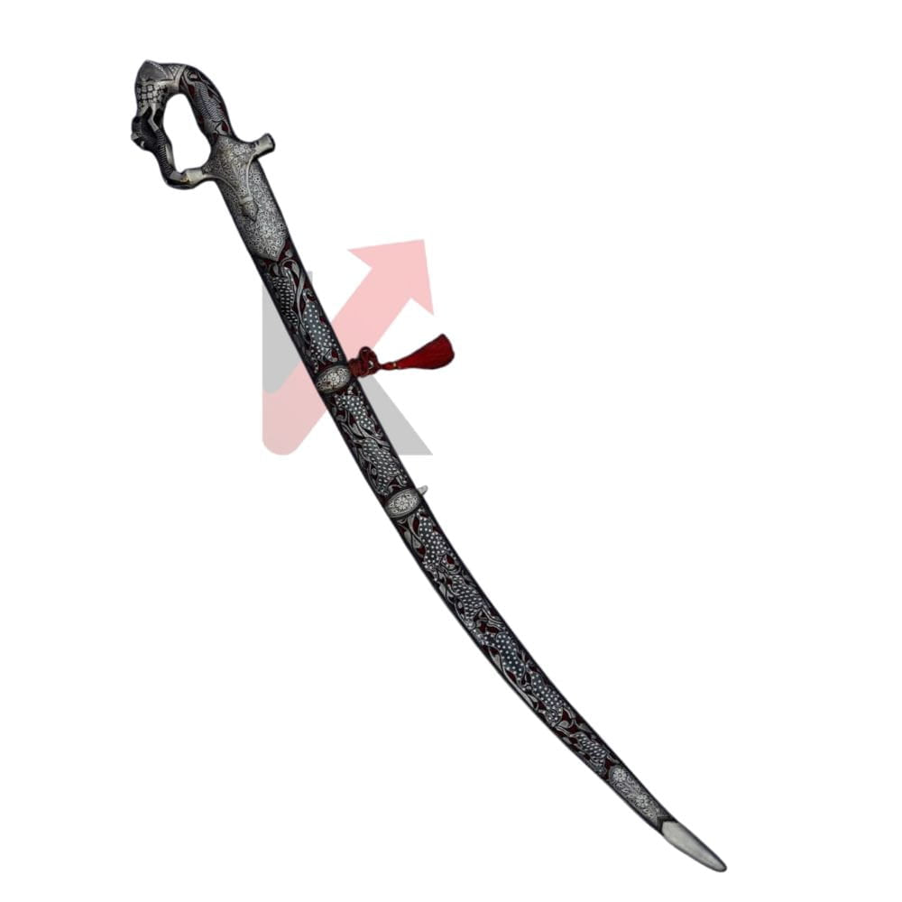 Imperial Mughal Shamshir — Luxury Arabian Scimitar | Damascus Blade, Hand-Chiselled Silver Scabbard