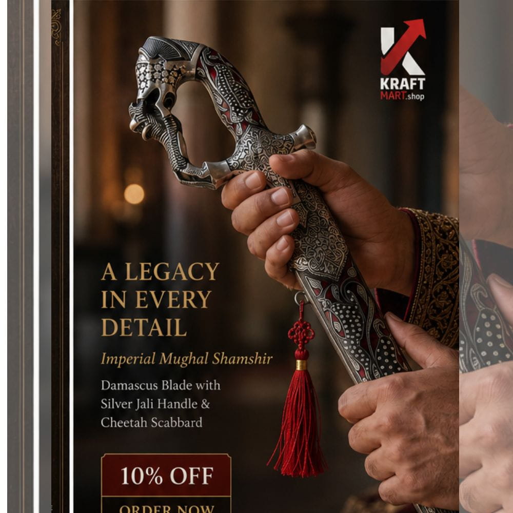 A close-up promotional photo of a hand holding a decorative Damascus steel dagger with an ornate silver handle and red tassel. The image includes marketing text about the Imperial Mughal Shamshir and a KRAFTMART  Dealer Shop logo in the top right.