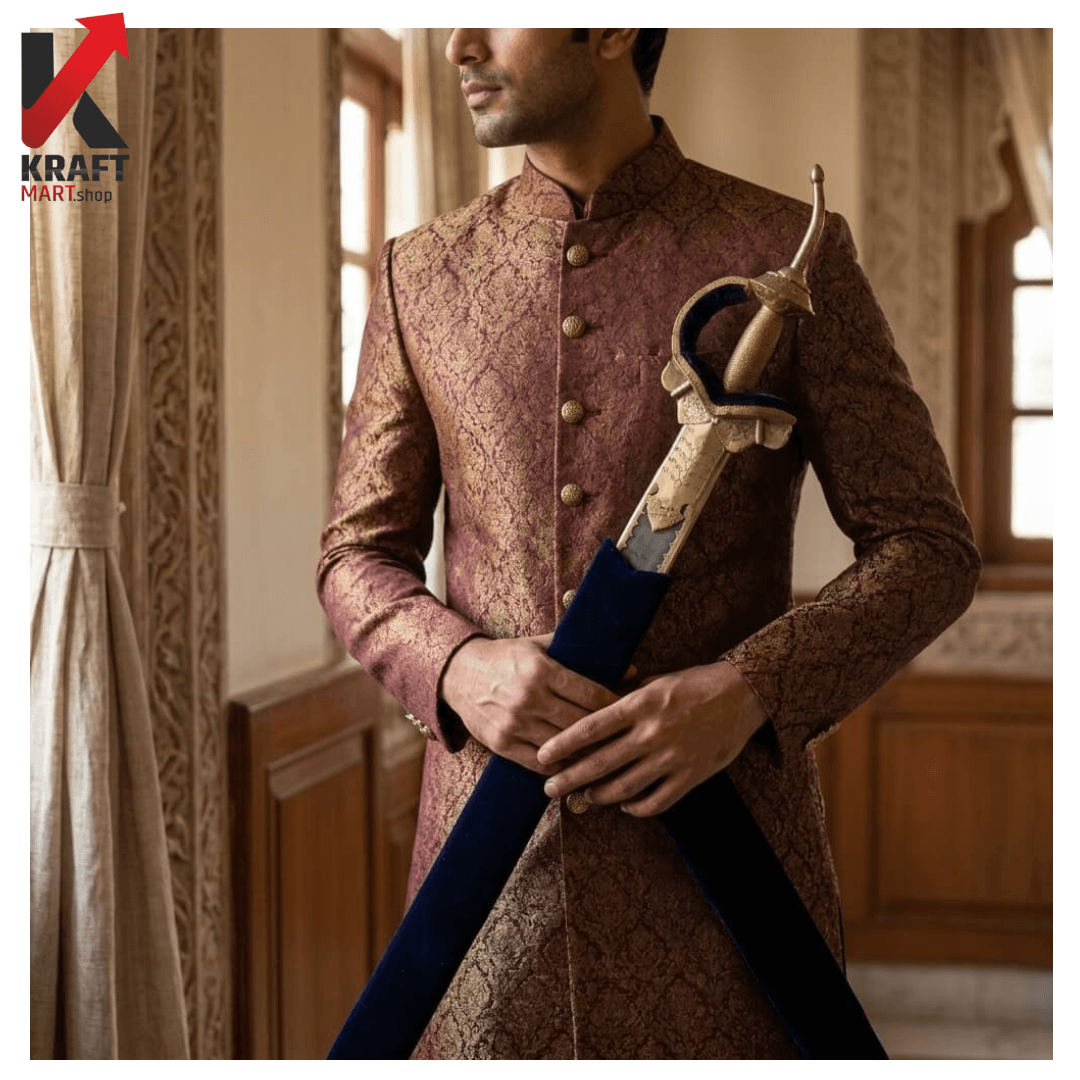 Punjabi Khanda Sword | Brass Finish Sikh Wedding Sword | Carbon Steel 38 Inch - KraftMart
