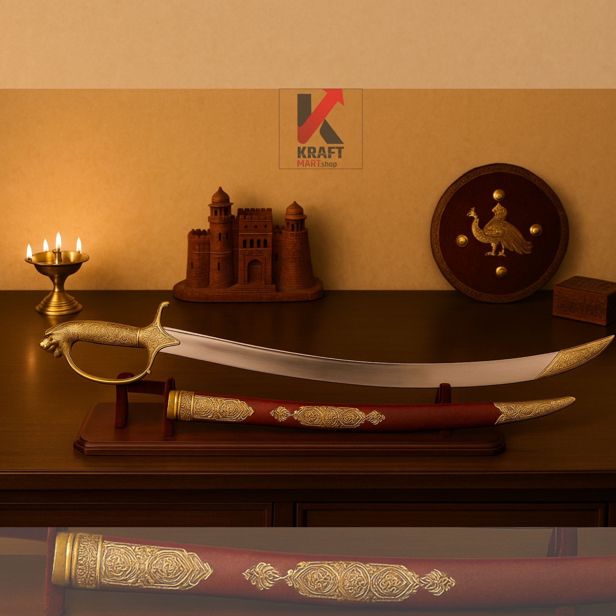 Rajput wedding sword with sheath on a stand against a beige wall with decorative items.