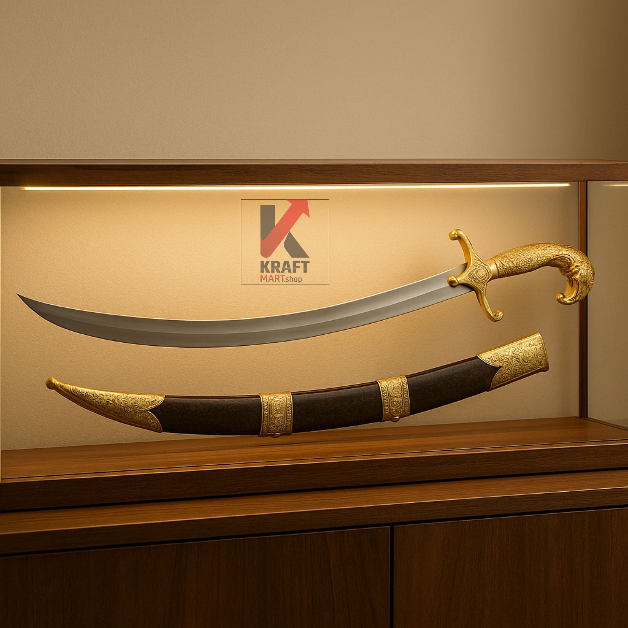 Rajput wedding sword with gold hilt and black sheath on a wooden shelf with Kraft logo in the background.