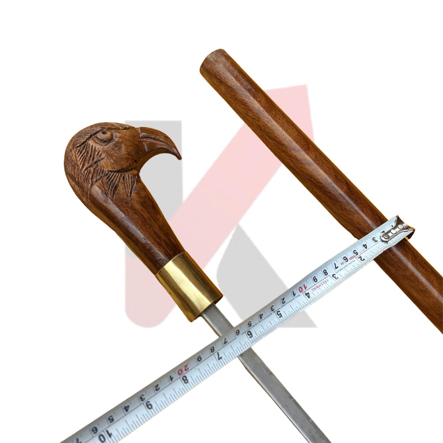 Wooden walking stick with carved eagle head handle and brass detailing