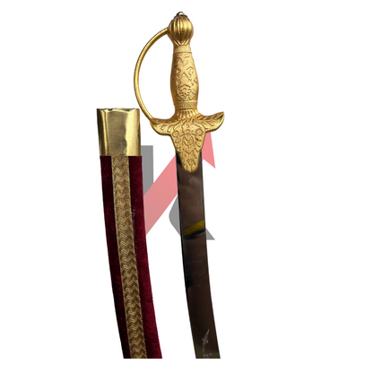 Indian wedding sword with maroon velvet scabbard and gold brass hilt