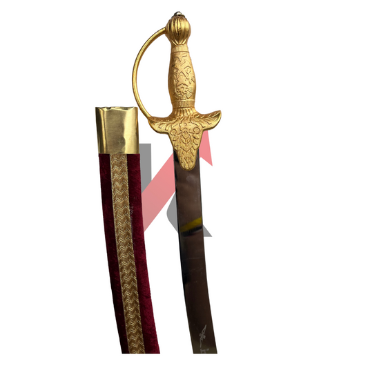 Indian wedding sword with maroon velvet scabbard and gold brass hilt