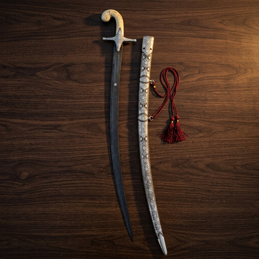 Close-up of a handcrafted Arabian sword with intricate engraved hilt being held, showcasing traditional craftsmanship and premium ceremonial weapon design.
