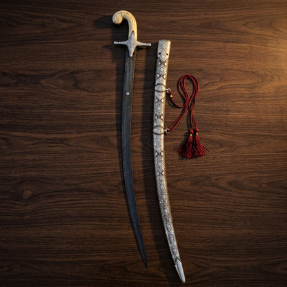 Close-up of a handcrafted Arabian sword with intricate engraved hilt being held, showcasing traditional craftsmanship and premium ceremonial weapon design.