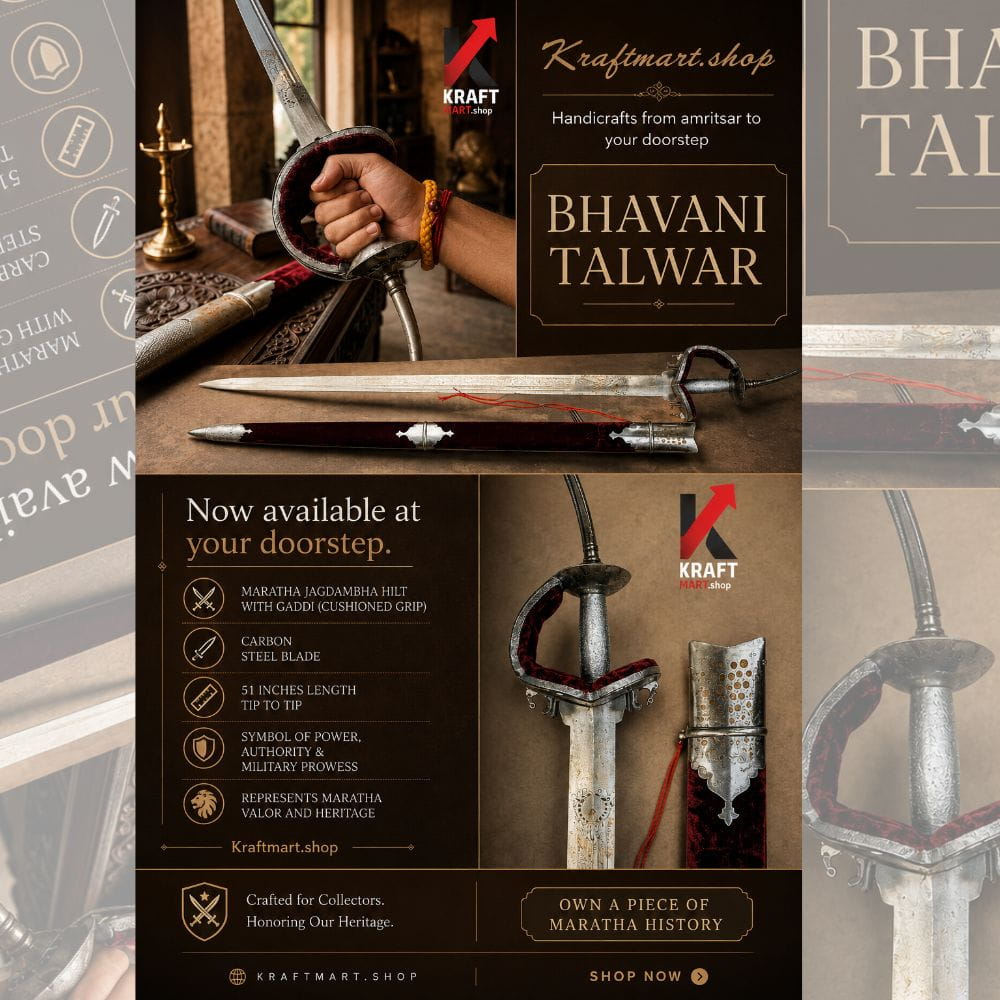 Bhavani Talwar replica flat lay — handcrafted Maratha talwar beside its velvet scabbard showing blade width, Jagdambha hilt and Kamani steel finish, Kraftmart heritage collection