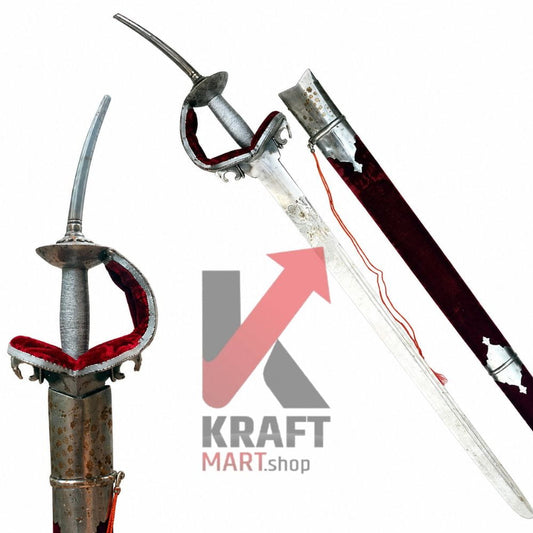 Bhavani Talwar replica — full view of handcrafted high carbon Kamani steel Maratha sword with traditional Jagdambha hilt and velvet cord-wrapped wooden scabbard by Kraftmart