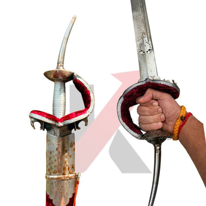 Bhavani Talwar replica hilt close-up — hand-assembled Jagdambha-style handle with soft Gaddi cushioned grip, knuckle guard and pommel detail, handcrafted Maratha heritage sword by Kraftmart