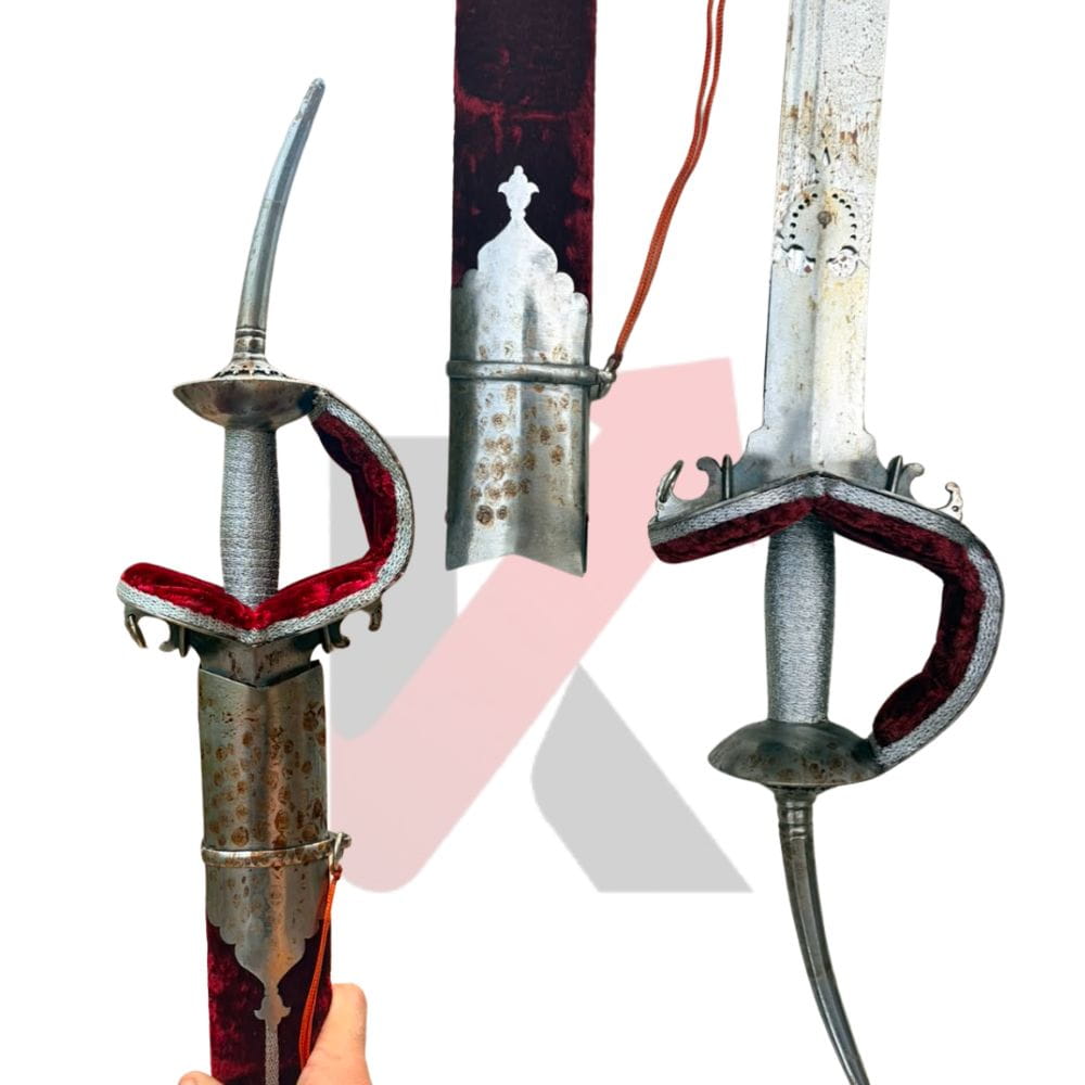 Chhatrapati Shivaji Maharaj Bhavani Talwar replica — 49-inch Maratha talwar displayed upright showing complete blade length, Jagdambha-style knuckle guard and soft Gaddi cushioned grip