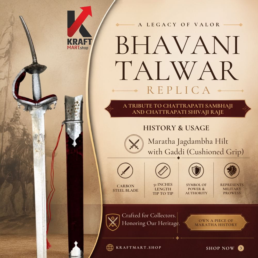 Bhavani Talwar replica with premium velvet cord-wrapped wooden scabbard — full 52-inch length with sheath, handcrafted Maratha sword gift by Kraftmart
