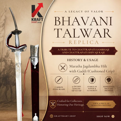 Bhavani Talwar replica with premium velvet cord-wrapped wooden scabbard — full 52-inch length with sheath, handcrafted Maratha sword gift by Kraftmart
