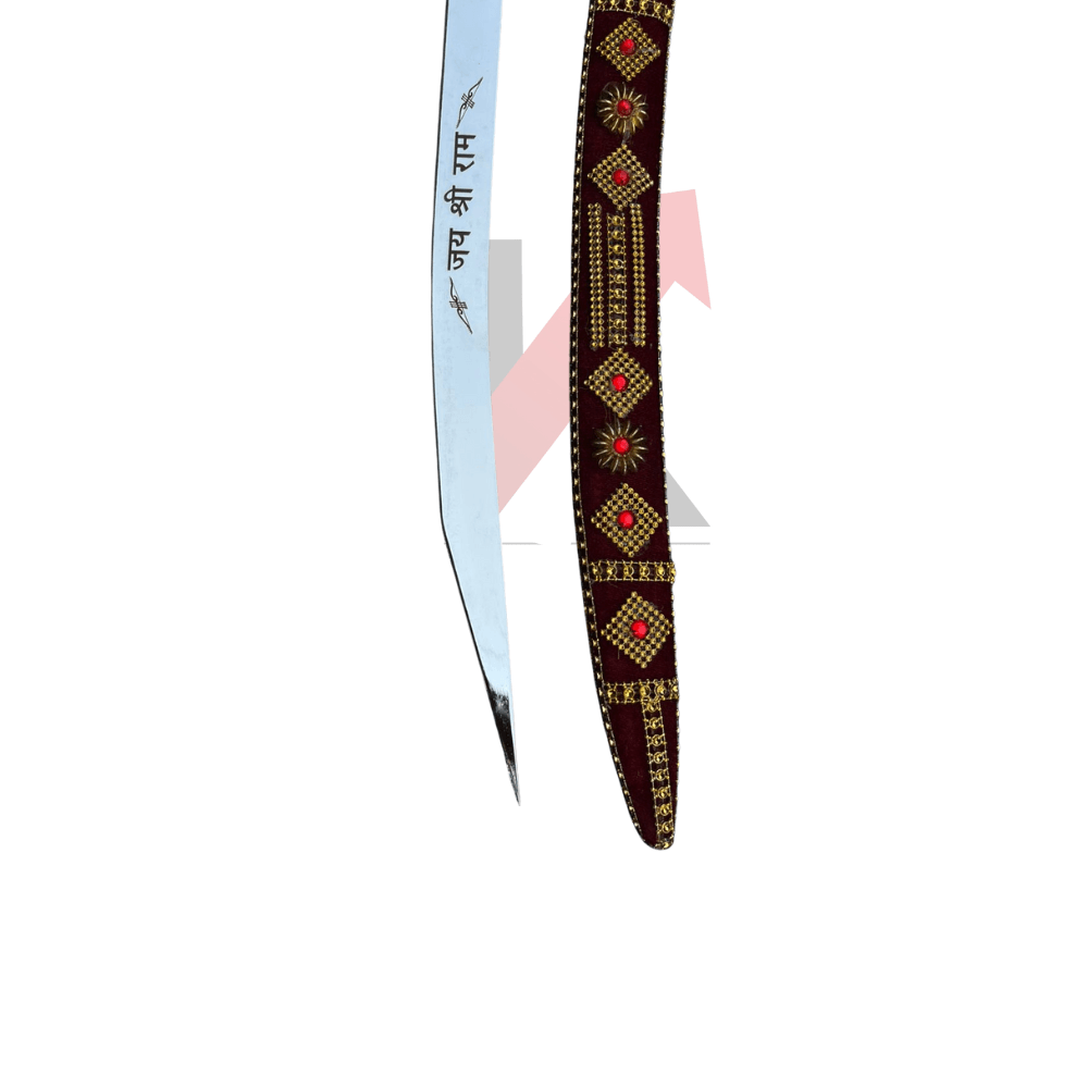 Brass hilt sword with maroon velvet sheath displayed together, showcasing traditional Indian craftsmanship and ceremonial wedding sword design.