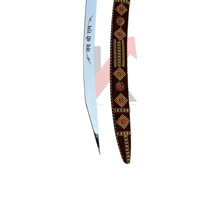 Brass hilt sword with maroon velvet sheath displayed together, showcasing traditional Indian craftsmanship and ceremonial wedding sword design.
